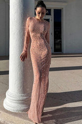 Robe longue fendue en maille transparente à col rond et manches longues avec strass scintillants - Rose